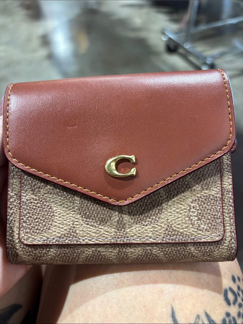 Coach WYN Small Signature Canvas Wallet with Saddle Brown Leather Flap
